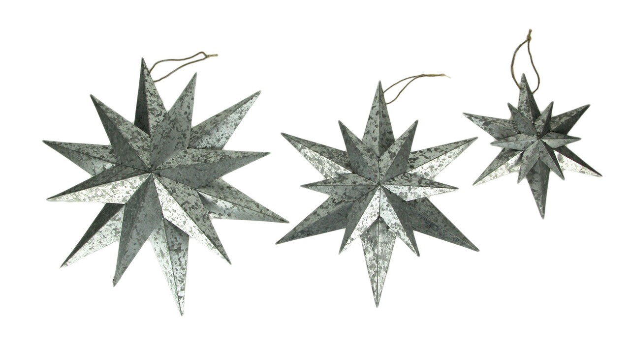 Rustic Galvanized Metal 12 Pointed Star Wall Sculptures Set of 3